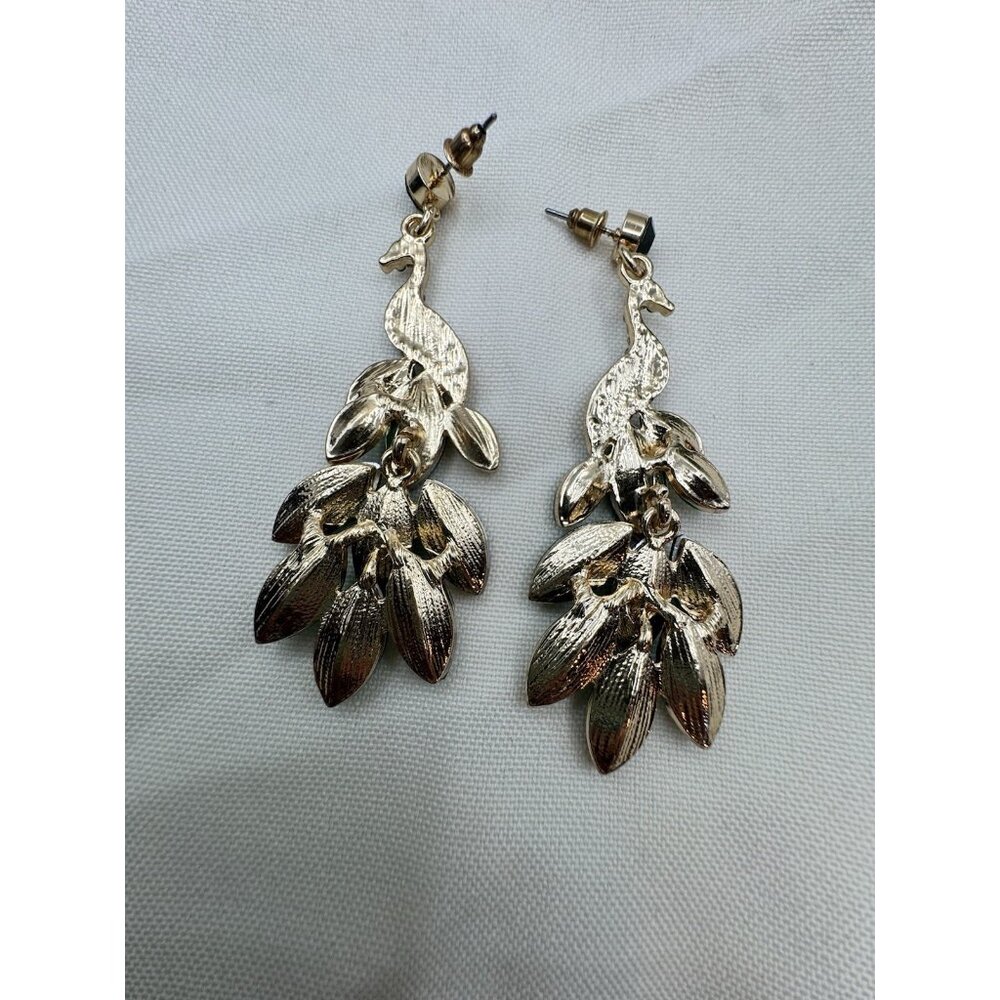 Peacock Drop Earrings Rhinestone Crystal Dangle Chandelier 2.9 inch Green - Picture 5 of 7